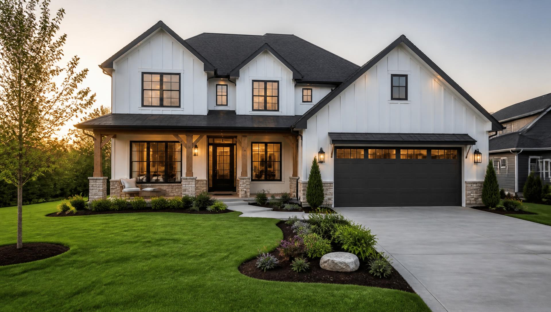 New construction home framed by a freshly installed lawn and landscape beds at dusk
