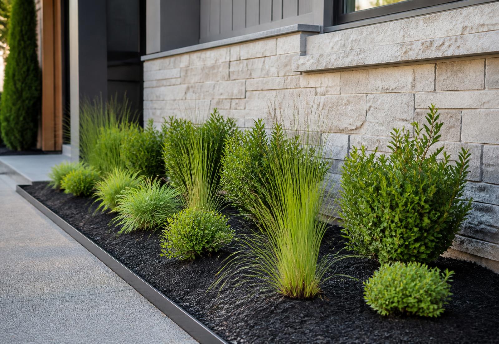 Freshly designed and planted landscape beds with ornamental grasses and shrubs