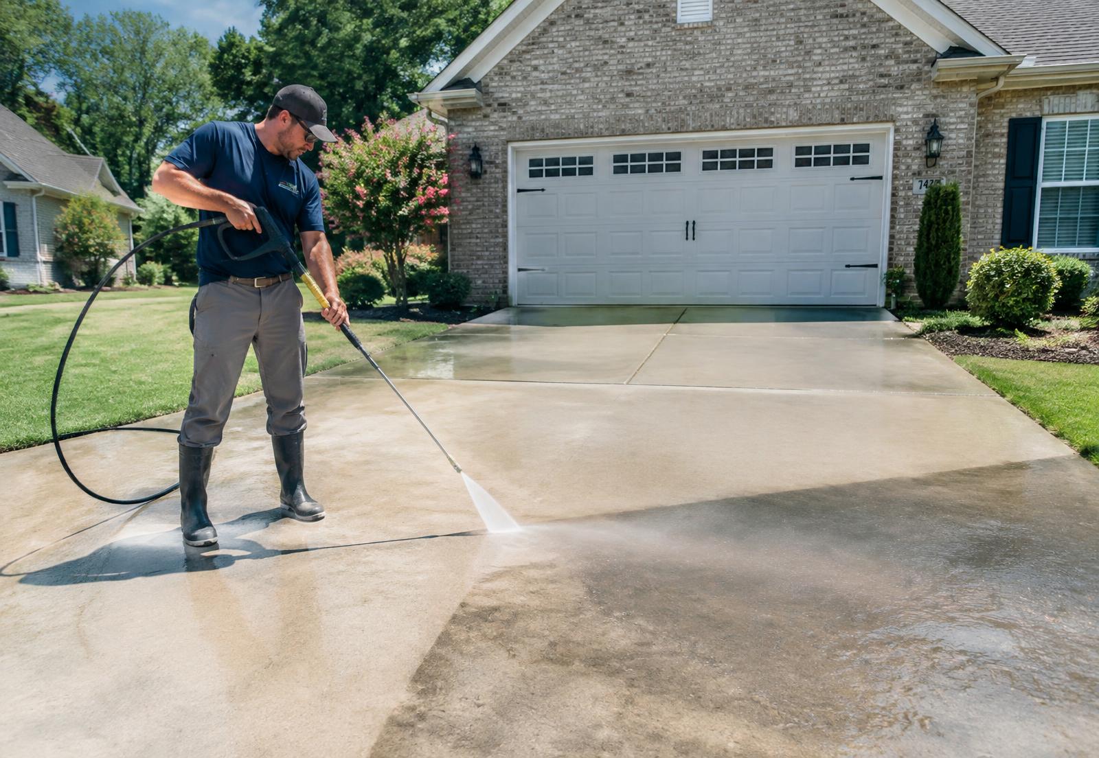 Technician pressure washing a residential driveway, clean concrete beside dirty